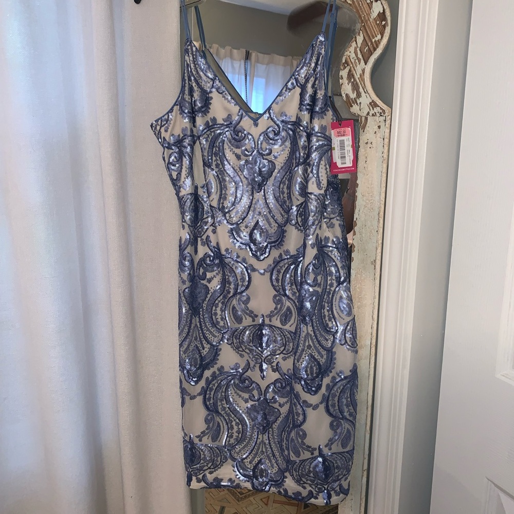 Vince Camuto blue sequin cocktail dress